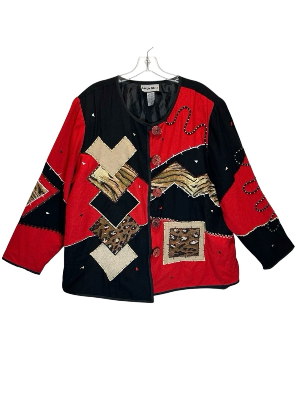 Indigo Moon Red, Black, Tan Appliquéd & Embroidered Lined Artsy Jacket - Size 1X